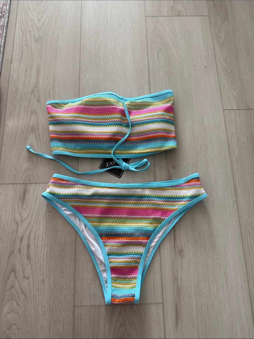 Zaful Multicolor Stripe Bandeau Bikini with Turquoise Trim
